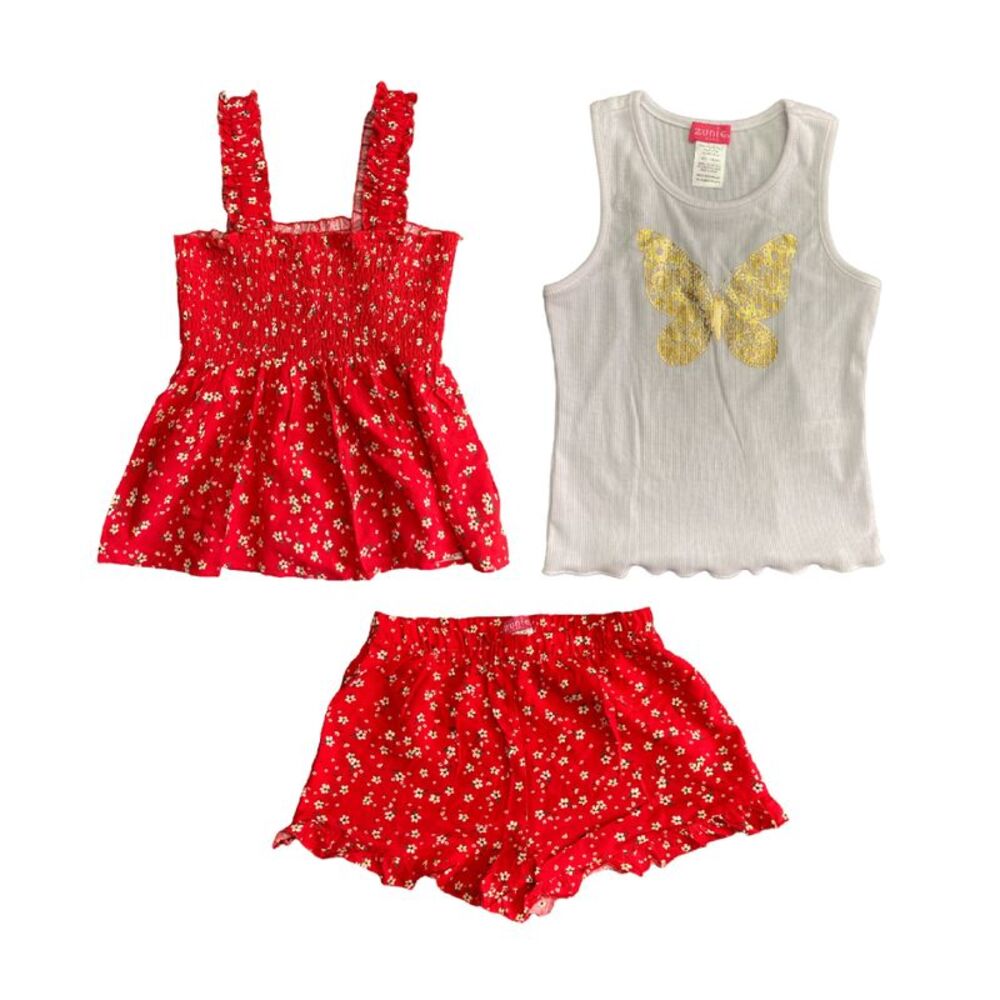 Red Ditsy - Zunie Girl's 3 Piece Tank and Short Relaxed Fit Play Outfit Set, NS6